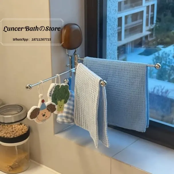 Wall Mounted Stainless Steel Kitchen Towel Holder, No Drilling Suction Cup Rotating Multi Layer Cloth Drying Storage Rack