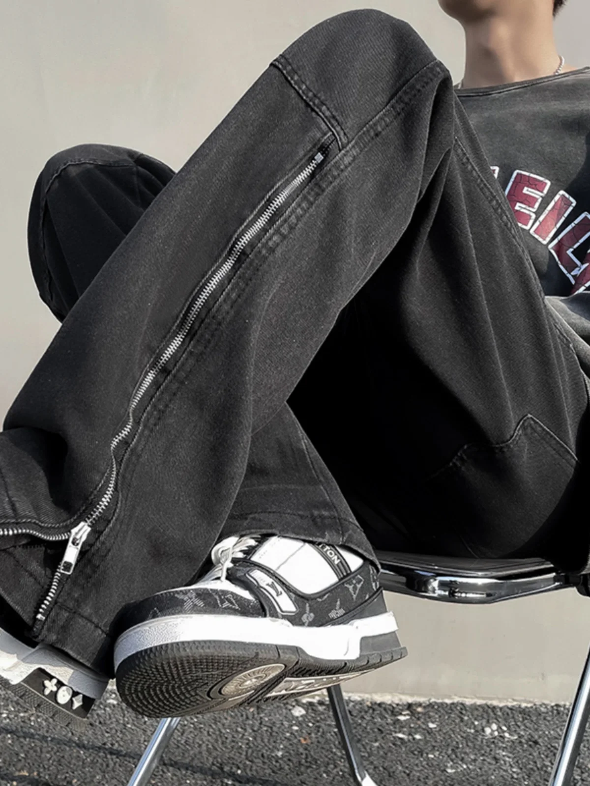 

American High Street Zipper Jeans Men's Summer Thin Hiphop Workwear Casual Straight Leg Trendy Jeans Youth Polyester Fiber