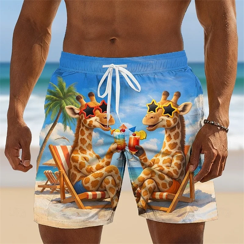 Cute Cartoon Animal Theme 3D Print Beach Shorts For Men's Clothing Giraffe Flamingo Pattern Board Shorts Summer Men Board Shorts