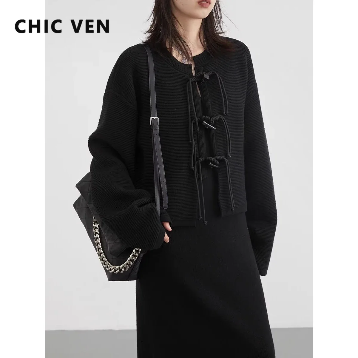 CHIC VEN Women Sweater New Chinese Frog Button Female Coat Straight Knitted Long Skirt Ladies Cardigan Spring Autumn 2023