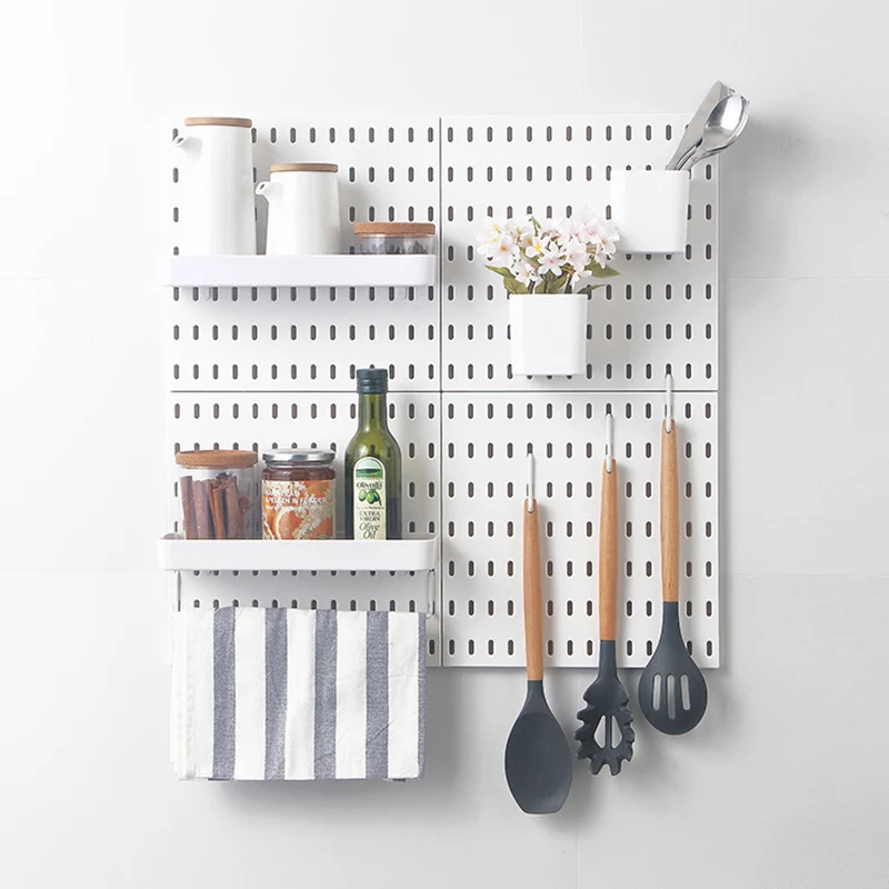 Punch-free Plastic Hole Board Hanging Storage Rack Kitchen Bedroom Dormitory Wall Hang Pegboard Wall Shelf Rack Holder 28*28cm