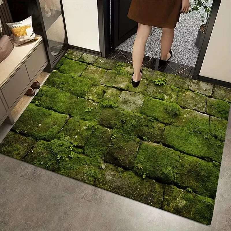 Fußmatte mit Grünem Moos auf Steinplatten-Design, Langlebige Rutschfeste Matte für Erfrischenden Innen- und Außenbereich, Eingangsbereich-Teppich, Türmatte
