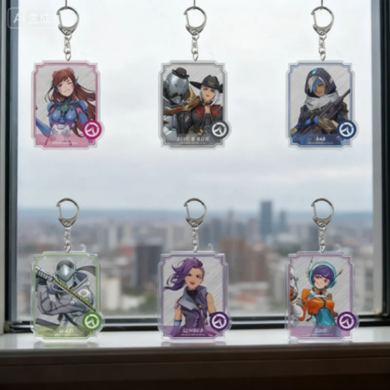 Juego Overwatch HD rectángulo acrílico llaveros Genji Pharah Cole Cassidy Sombra colgante accesorios bolsa encanto juguete para regalo