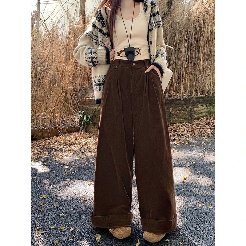 Solid Color Corduroy Straight Tube Casual Pants for Women's Winter New High Waisted Wide Leg Floor Mopping Pants Female Clothes