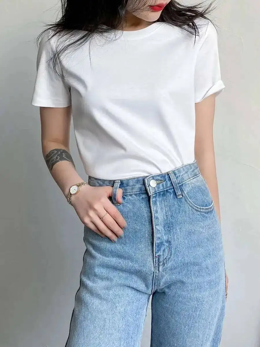 2022 Zachte Moerbei Zijde Katoenen T-Shirts Dames Losse Ronde Hals Korte Mouw T-Shirts Effen Kleur Zomer Tops Hoge Kwaliteit - afbeelding 2