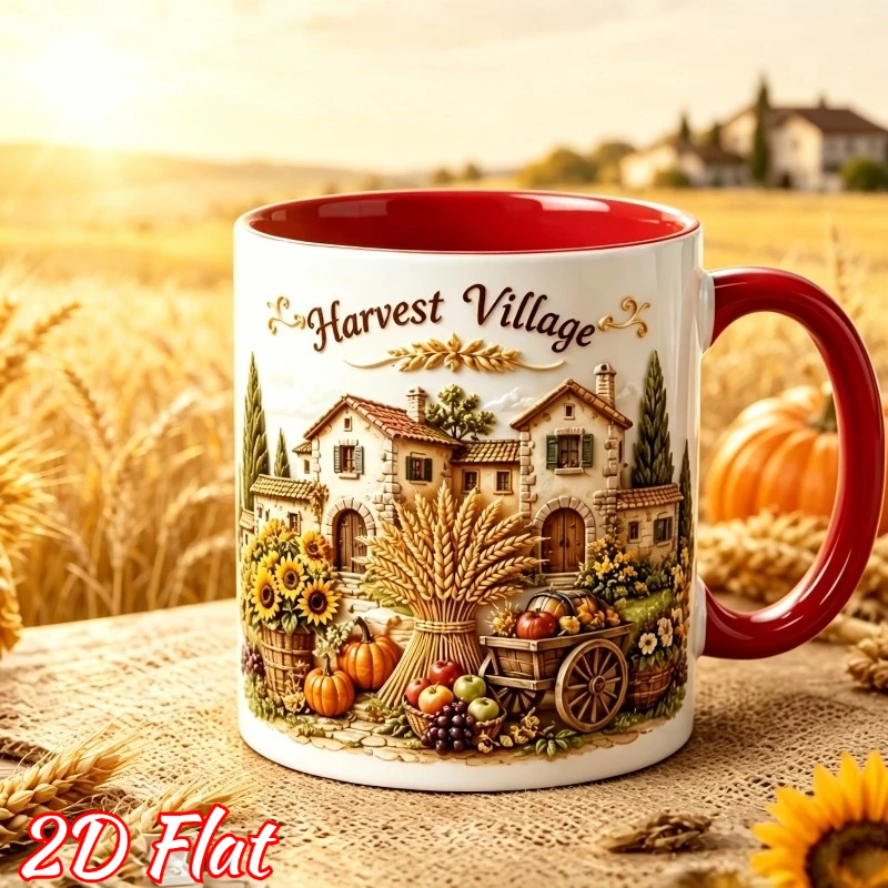 Personalized Harvest Village Mug 11oz Custom Name Fall Autumn Theme Ceramic Coffee Cup Gift for Country Style Lover Thanksgiving