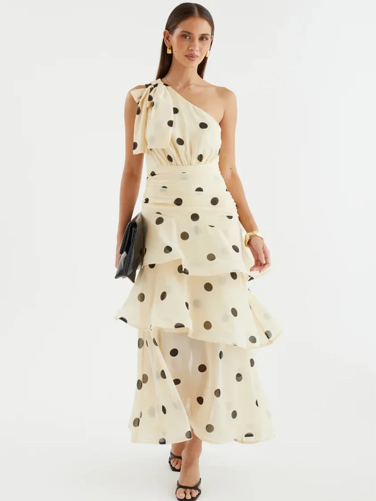 

One Shoulder Polka Dot Layered Ruffle Dress Women Elegant Slanted Collar High-waisted Pleated Robe 2026 Spring Lady Party Gowns