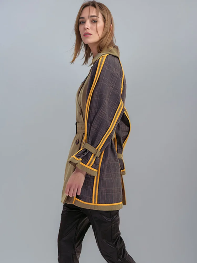 DEAT Fashion Women\'s Trench Coat Two Sided Dressing Belt Double Breasted Plaid Designer Windbreaker Autumn 2024 New Tide 7I0625