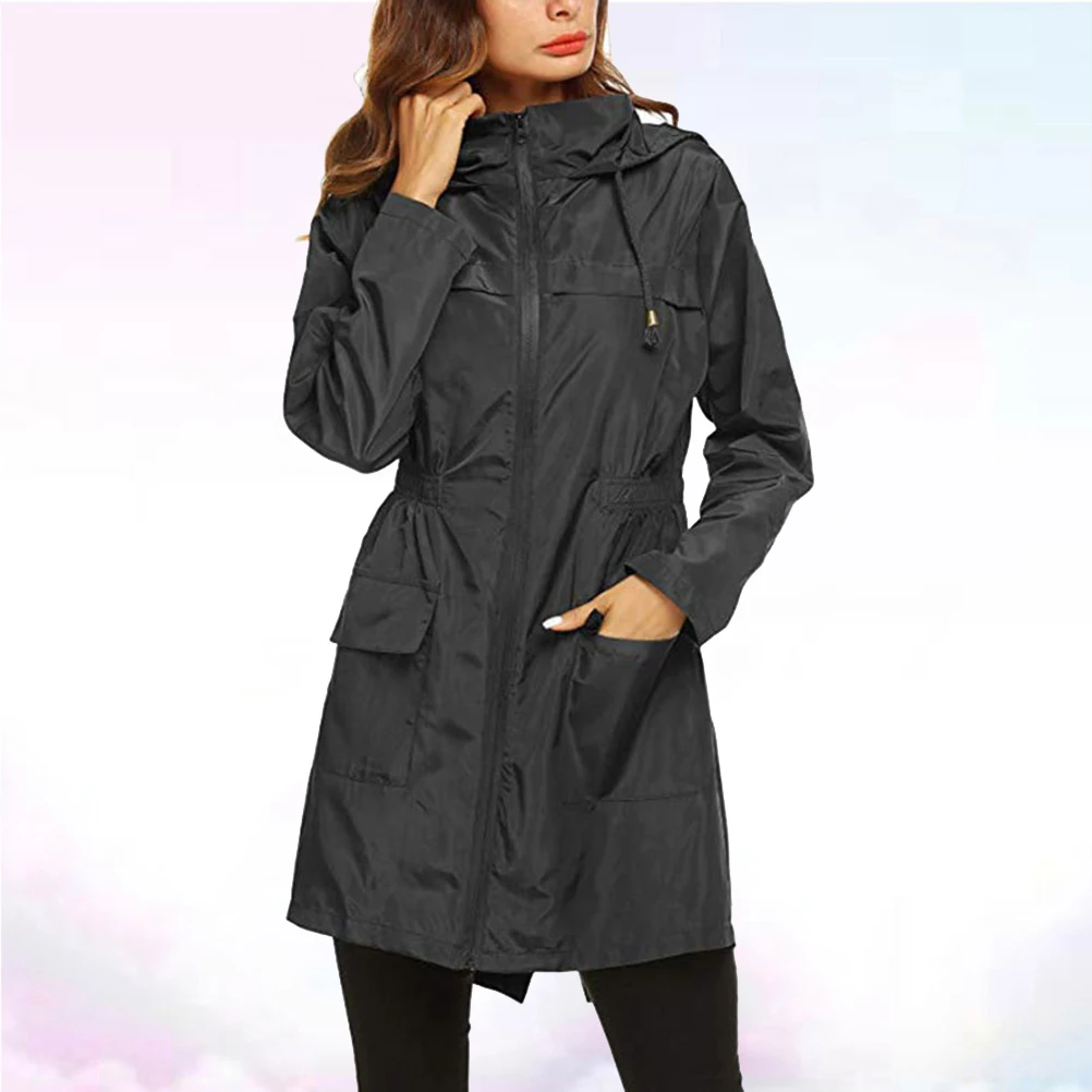 

Women'S Lightweight Waterproof Raincoat Hooded Hiking Jacket Windproof Outdoor Long Active Rainwear Adjustable Waist