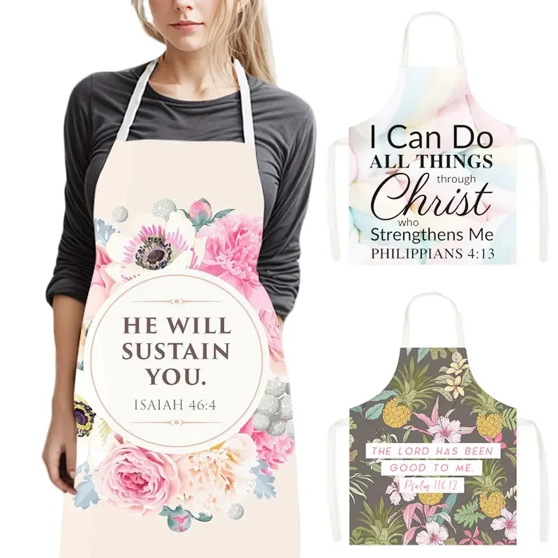 Christian Bible Verse He Will Sustain You Print Apron Flower Women Men Kitchen Work Clothes BBQ Home Cooking Cleaning Aprons