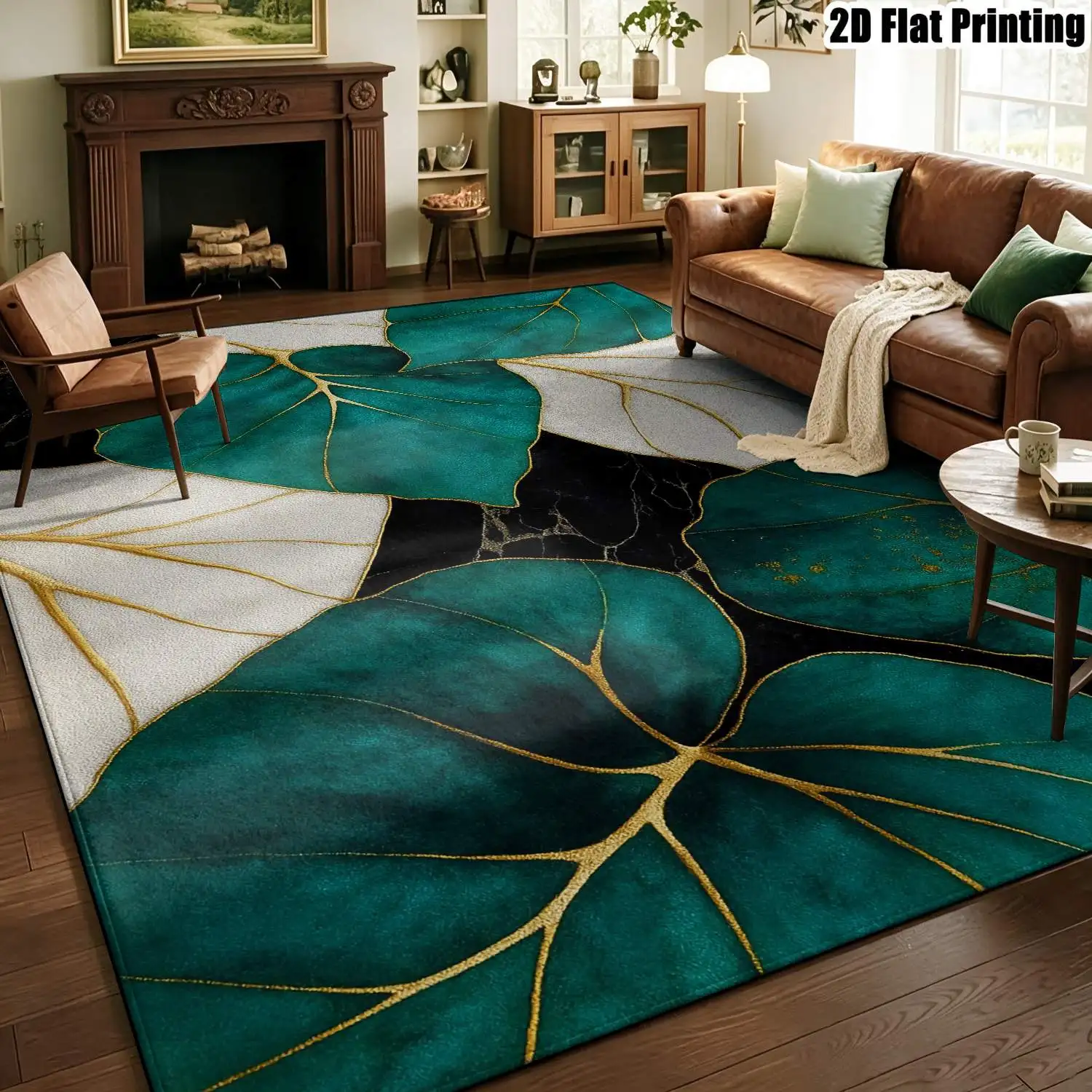1Pc 2D Printed Carpet: Dark Green&White Leaf Pattern with Gold Veins, Nordic/Instagram-Inspired Modern Minimalist Style, Home Decor Floor Mat, Multiple Sizes, Machine Washable, Suitable for Entrance, Dining, Foyer, Living Room, Bedroom