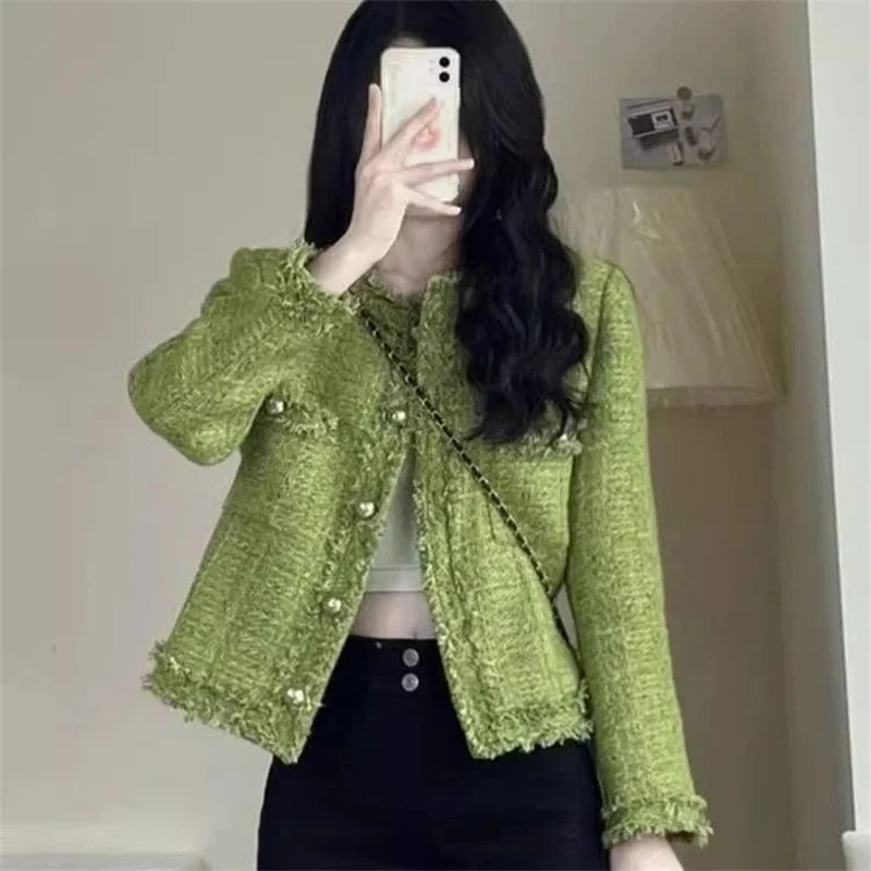 

2025 New Small Fragrant Styl Coat Women's Jacket Spring Autumn Short Green Outerwear Top Korean Women Receive High Praise