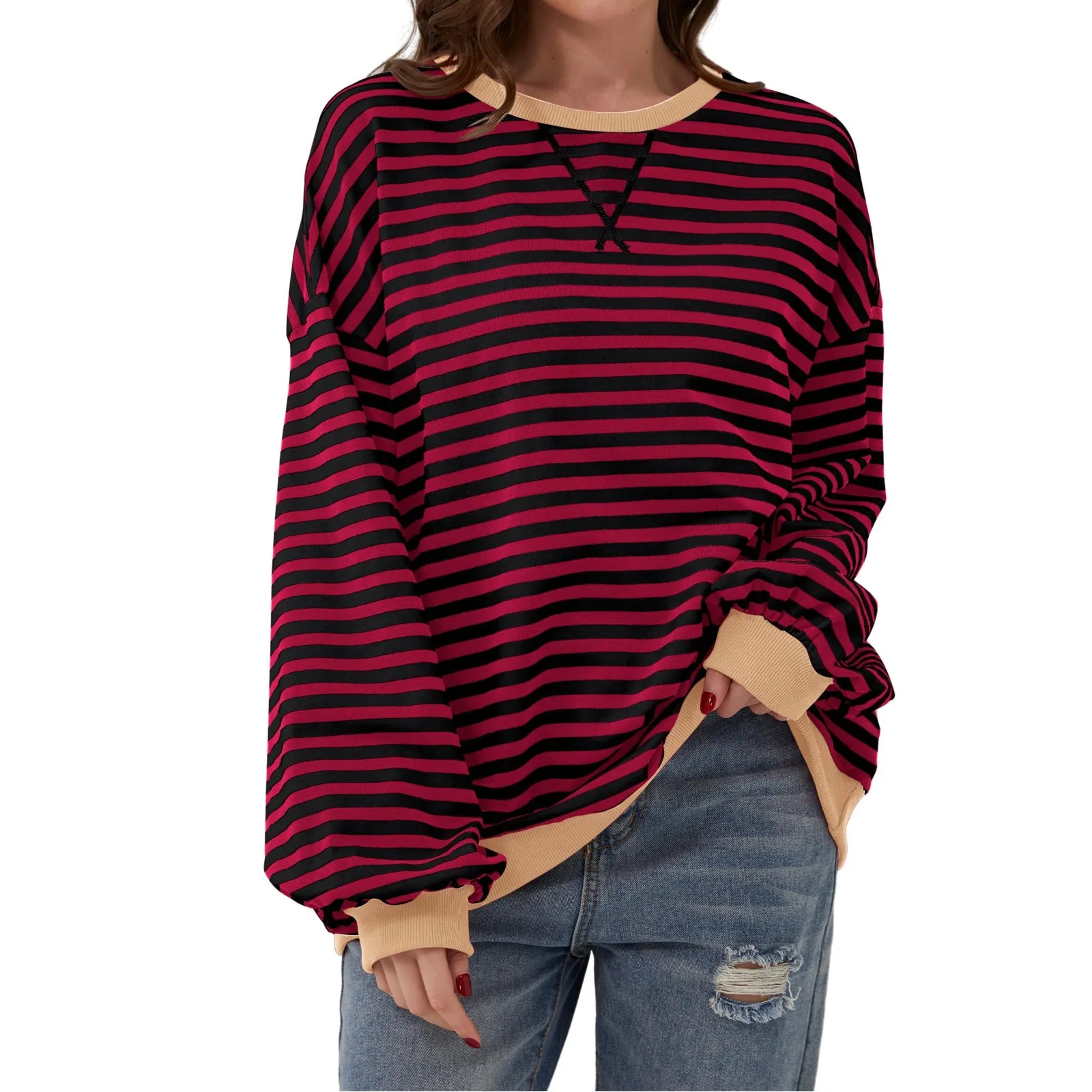 Women\'s Oversized Striped Color Blocking Long Sleeved Round Neck Sports Shirt Casual Loose Fitting Pullover Shirt Top