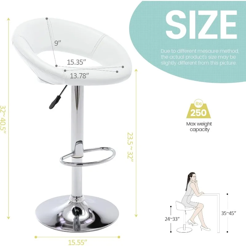 Sgabello da bar regolabile, sgabello da bar girevole moderno e carino in pelle PU, schienale cavo, sedia da bar ad altezza bancone, set di 2 (bianco perlato)
