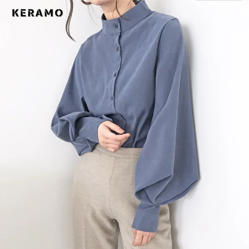 

2025 Spring Office Lady Style Stand Collar Solid Color Blouses Women's Single Breasted Loose Fit Chic Long Sleeve Pure Shirts