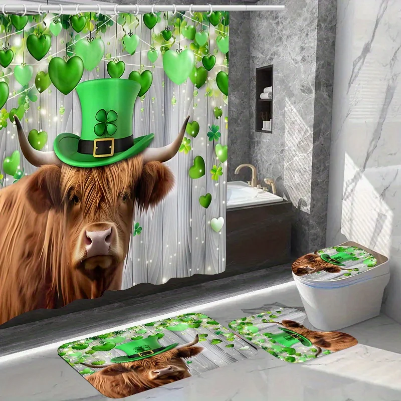 4pcs Green Hat Cow Pattern Shower Curtain Set, Waterproof Shower Curtain With 12 Hooks, Non-Slip Bathroom Rug, Toilet U-Shape
