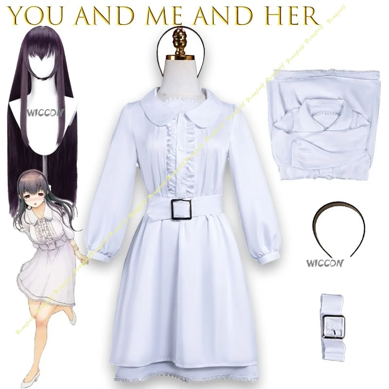 

Sone Miki School Uniform YOU And ME And HER A Love Story Cosplay Dress White Pleated Skirt Blue Ribbon Sleeveless School Outfit