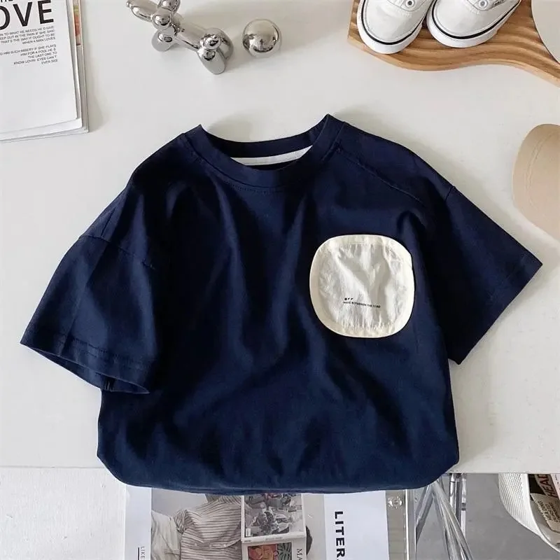 2024 Sommer Junge Kinder Patch Hip Hop Kurzarm T-Shirt Mädchen Baby lose lässige Tops Kind Baumwolle T-Shirts Mode Kleinkind Kleidung