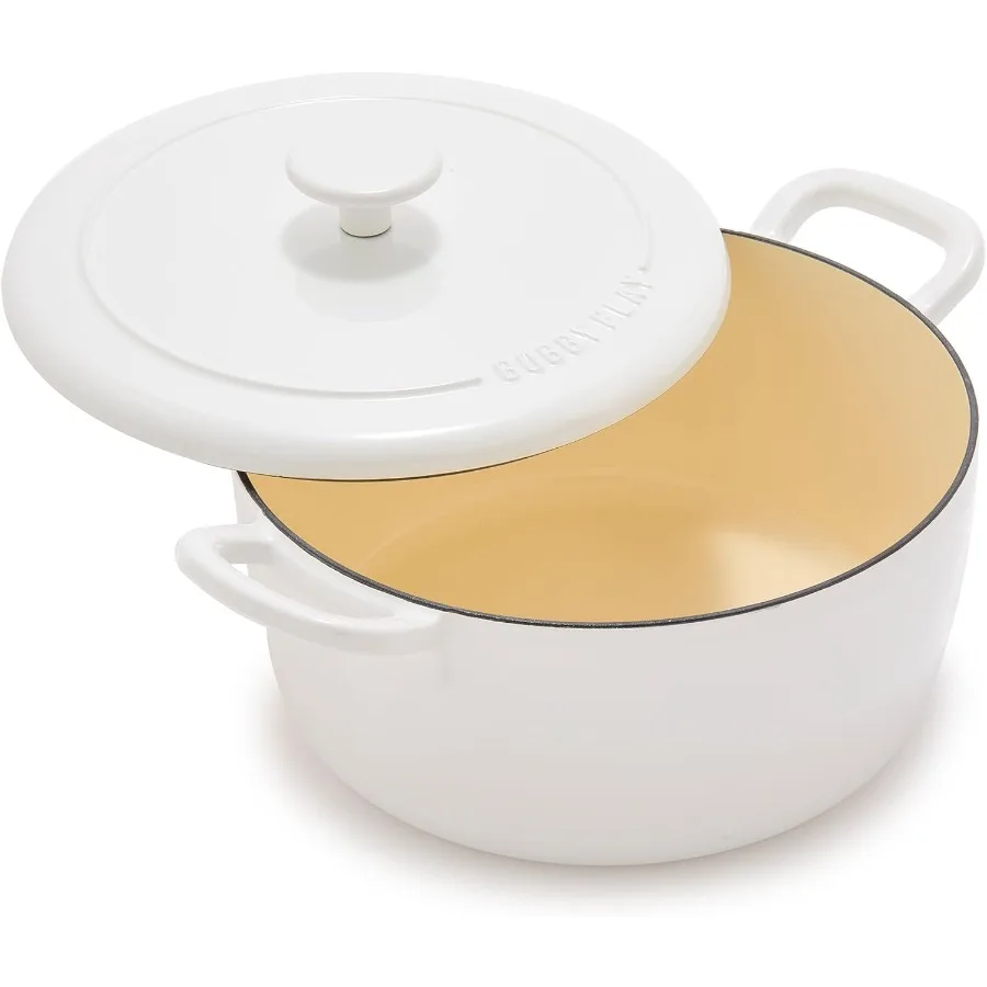 

5,5QT Эмалированная чугунная круглая голландская духовка с крышкой, двойными ручками, безопасная для индукционной печи 500F, подходящая самонаполняющаяся крышка UltraDura