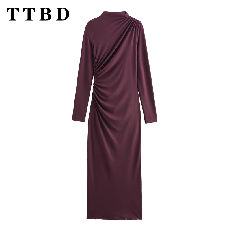 TTBD 2024 Herfst Vrouw Casual Mode Lange Mouw Effen Kleur Jurk Vrouwelijke Vintage Half hoge Kraag Ruches Jurken Maxi rok