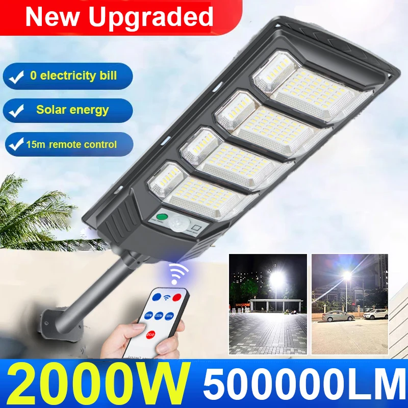 New 2000W Powerful External Solar Lamp 3 Modes Sunlight Solar Charging Solar Outdoor Garden Lights Remote Control Street Garage