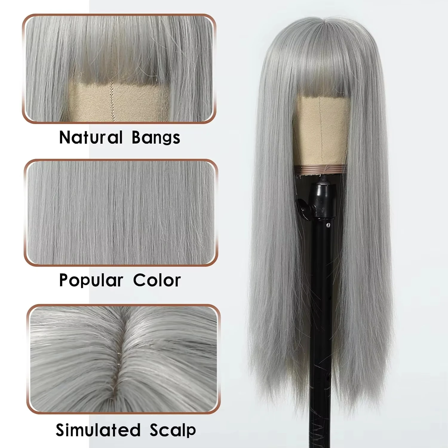 Women's Long Straight Grandma Gray Synthetic Wig