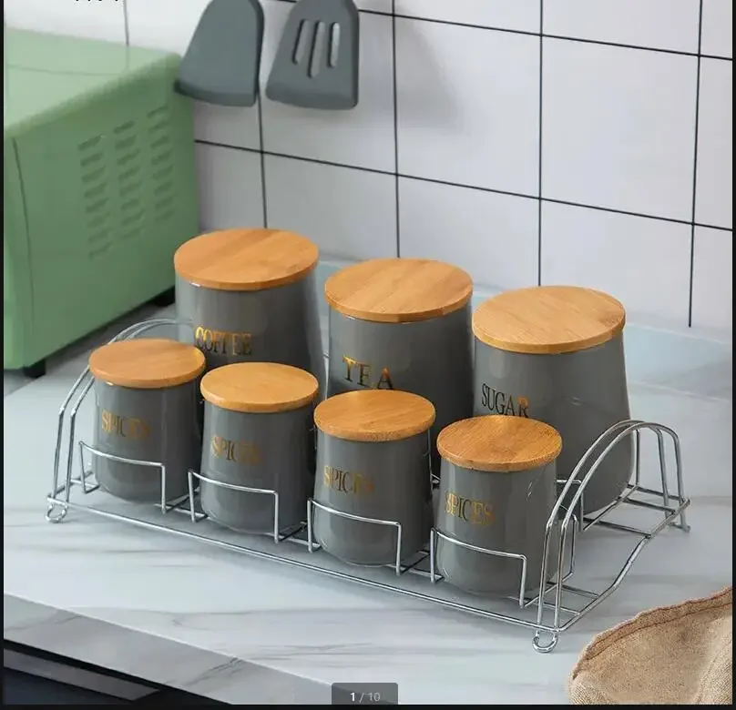 

Grain Storage Tank 7 Piece Set Kitchen Storage Container Moisture Proof Sealed Jar Wooden Cover Food Organizer Candy Jar Tea Can