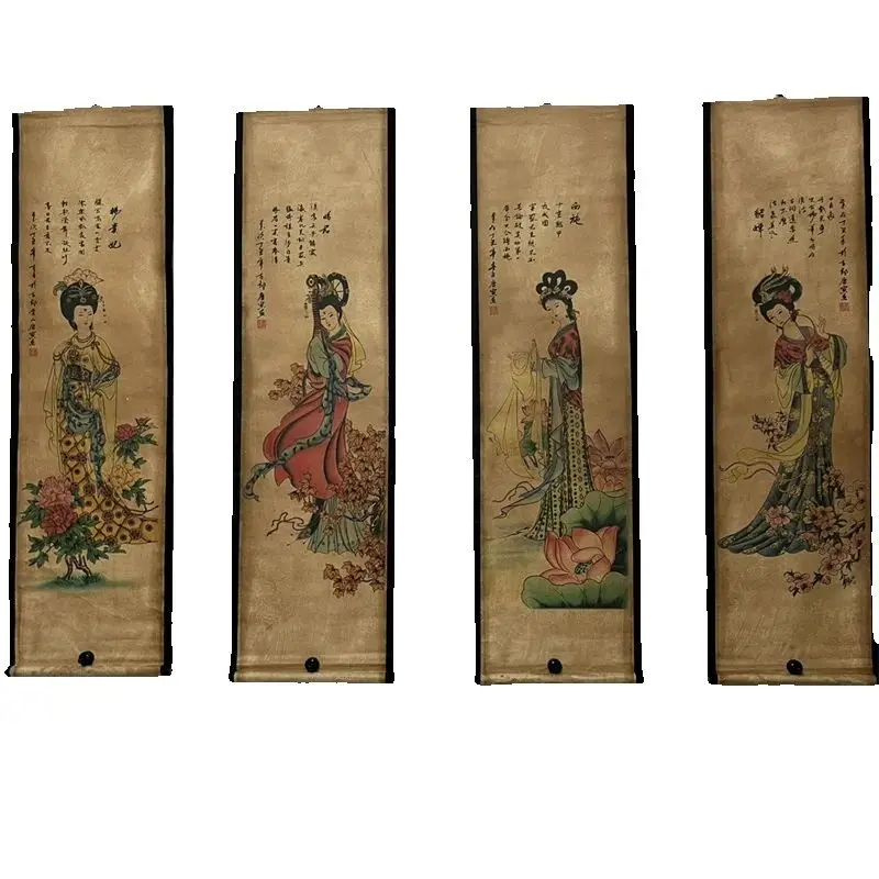 China Old Paper Calligraphy Paintings Scrolls,Poems Painting, Tang Yin's Four Beauties Four Map Art Decoration