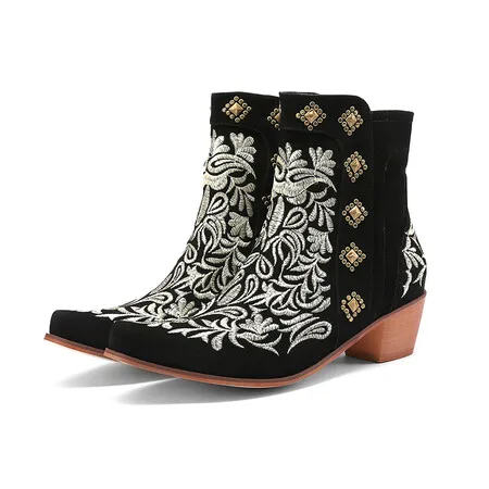 Stivali da Cowgirl neri da donna stivaletti scarpe con strass scarpe con Goth scintillanti stivali da Cowboy con punta a punta ricamati con tacco