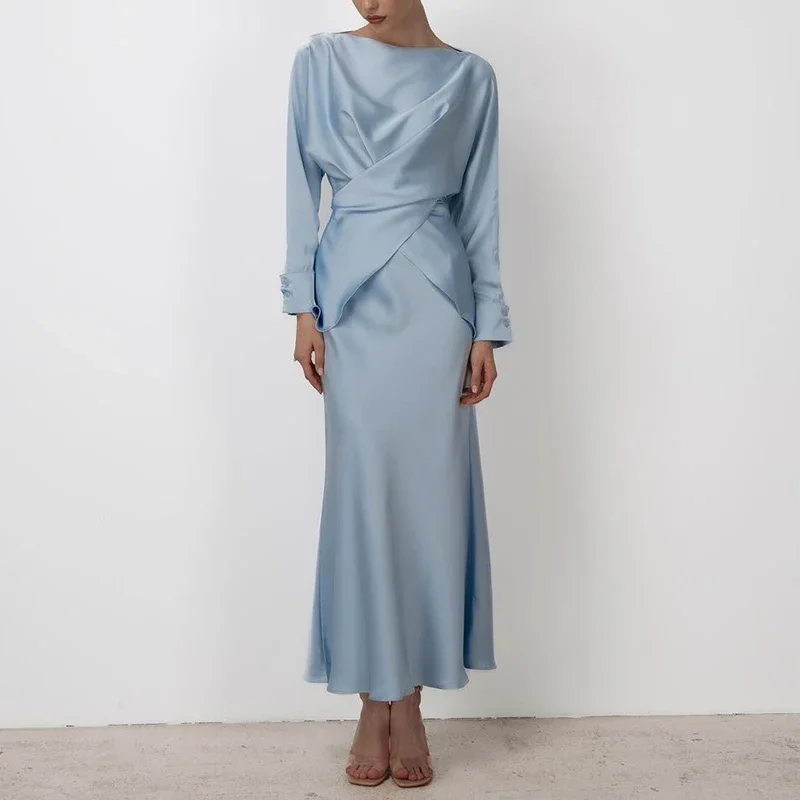 女性用ハーフスカート付き長袖ラウンドネックトップ,シンプルなサテンスーツ,カジュアルなスリムフィット,モノクロ,エレガント,春,2個セット