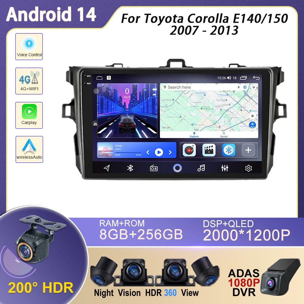 

9" Android14 Car Stereo Radio For Toyota Corolla E140/150 2007 2008 2009 2010 2011 2012 2013 Multimedia Player DVD 4G WIFI GPS