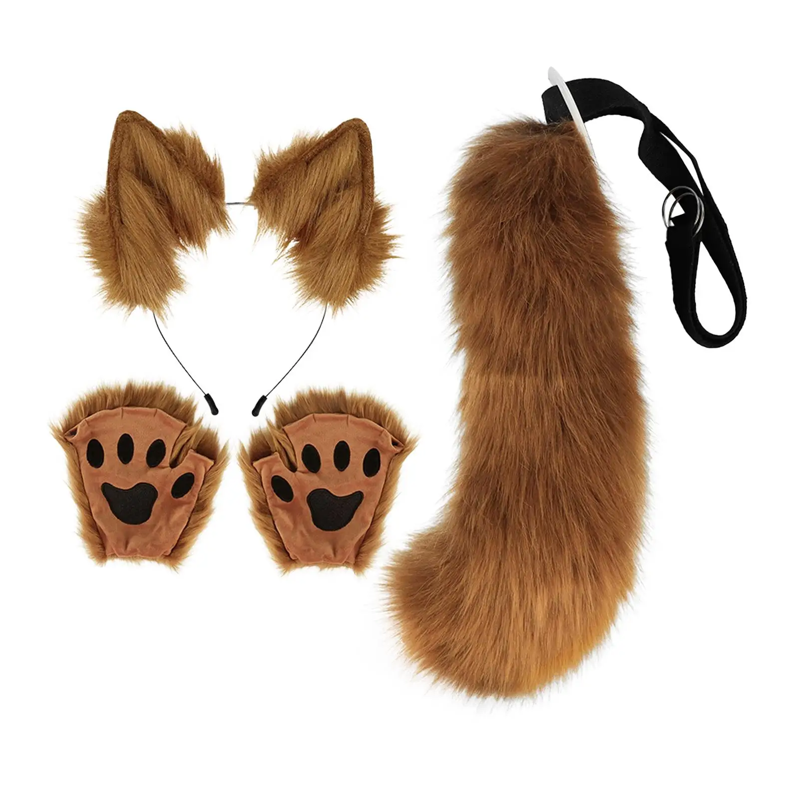 Fox Ears and Tail Set with Gloves Hair Accessories Cosplay Props Plush Wolf Ears Hair Clip for Dance Party Halloween Funny Gifts