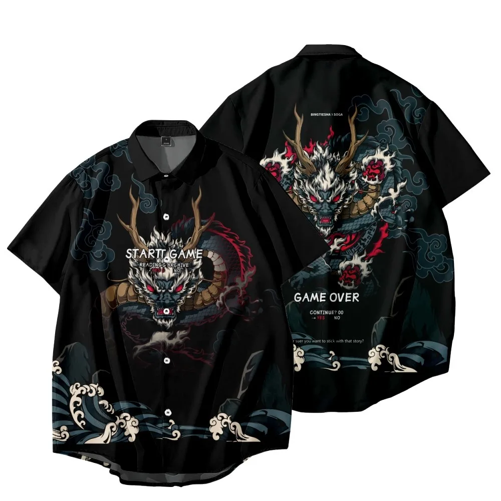 

Cartoon Dragon Warrior Printed Short Sleeve Shirt Casual Blouse Streetwear Holiday Party Wear