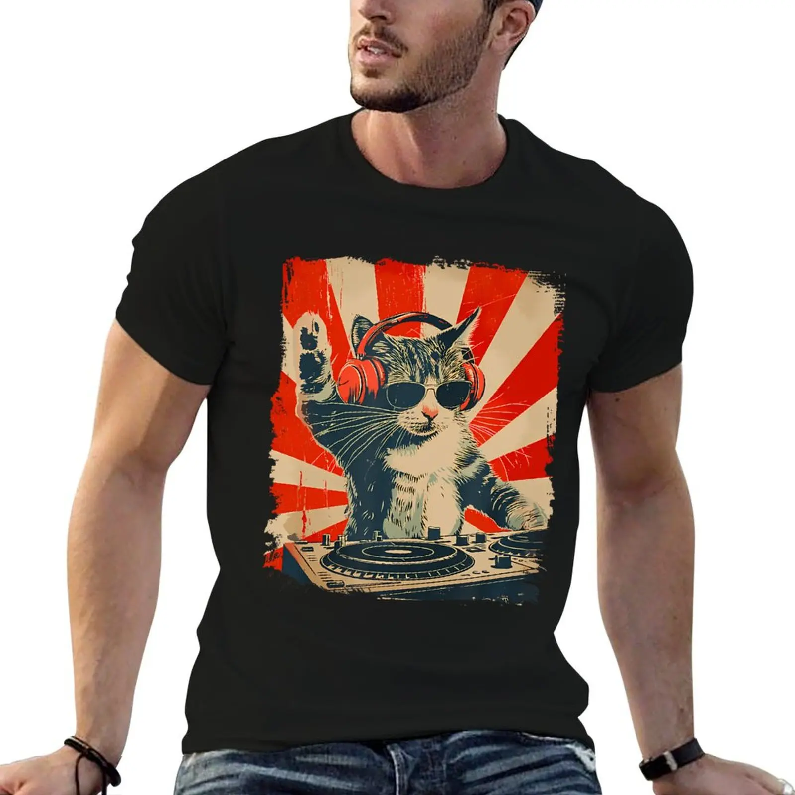 Funny Dj Cat Disco Sound Tech Headphone Music T-Shirt Big Size Short Sleeve Tee for Men