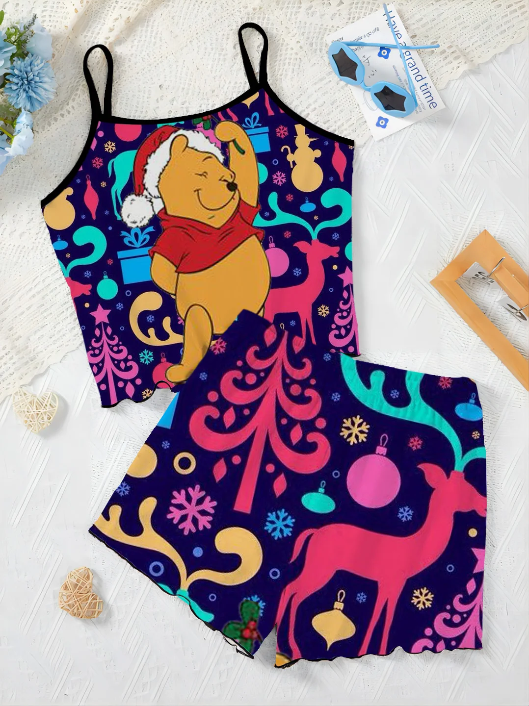 Vestido para casa de Minnie Mouse, conjunto elegante con ribete de lechuga para mujer, camiseta superior de 2 piezas, falda de pijama de Mickey Christmas Disney