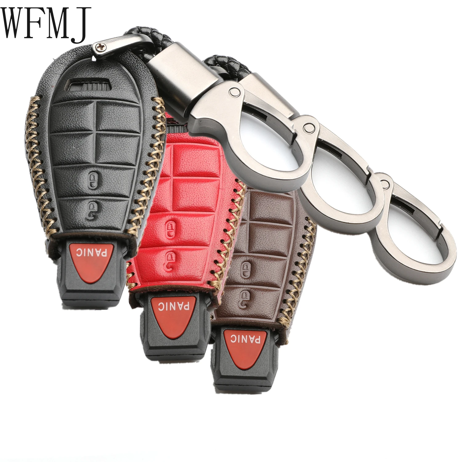 WFMJ Leather for Dodge Ram Charger Durango Grand Caravan Journey Challenger Remote 3 Buttons Key Case Cover Fob Chain