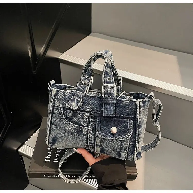 الرجعية الدنيم زر حقيبة يد المرأة مربع سعة كبيرة حقيبة كتف المرأة Harajuku عادية تنوعا اليومية حقائب كروسبودي 2025 #4