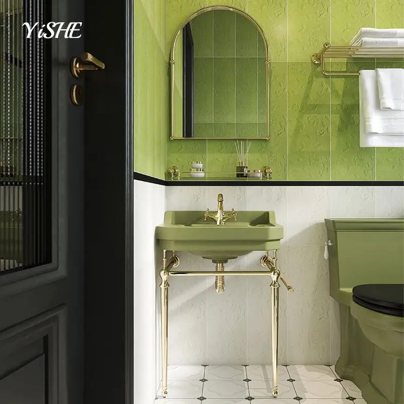 Green French retro ceramic with bracket, integrated washbasin, small apartment bathroom, balcony floor-to-ceiling washbasin