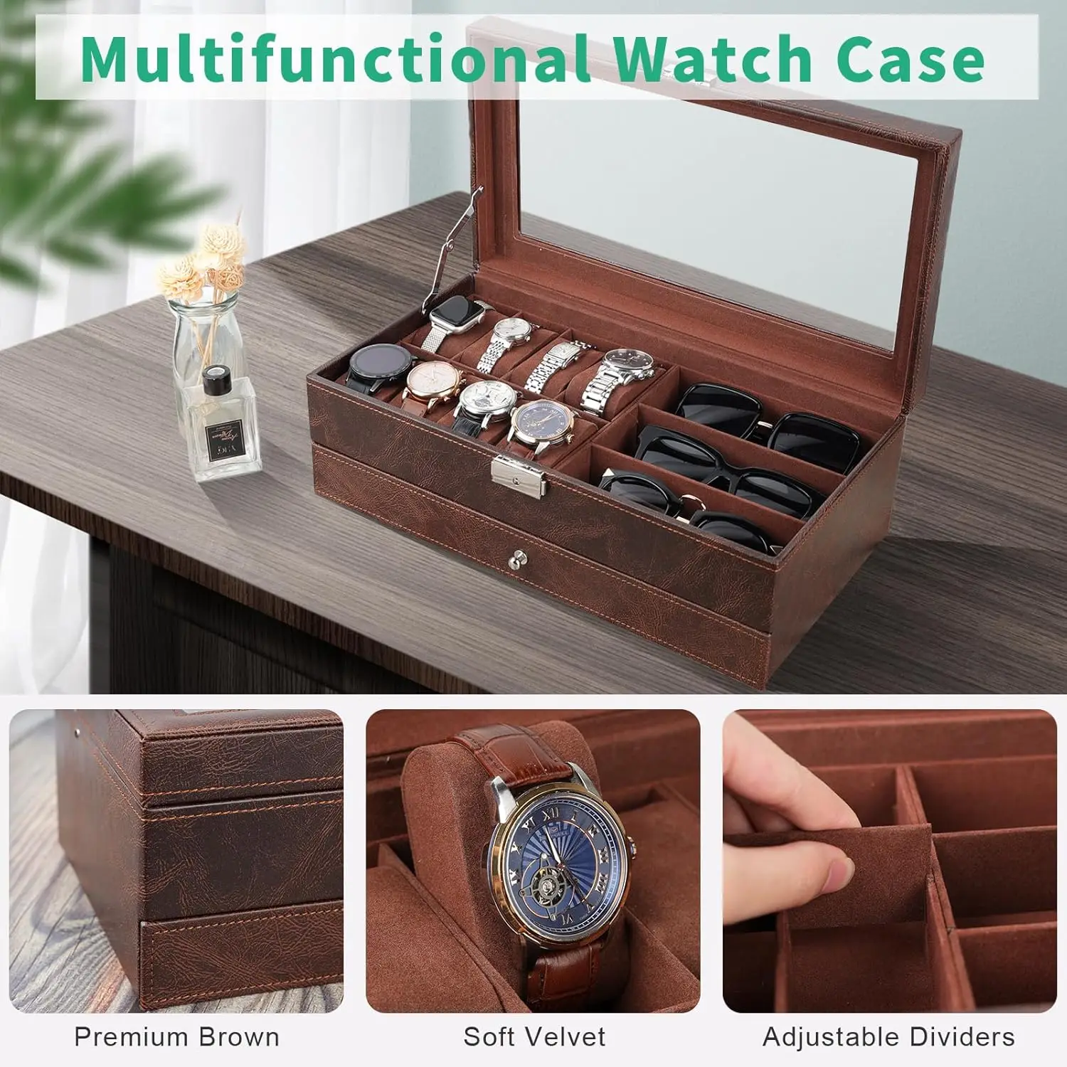 Uhrenetui, Schmuck-Organizer-Box mit dickem Glasdeckel, abschließbarer Uhren-Organizer, Schmuck-Display-Halter, Sonnenbrillen-Aufbewahrungs-Organizer