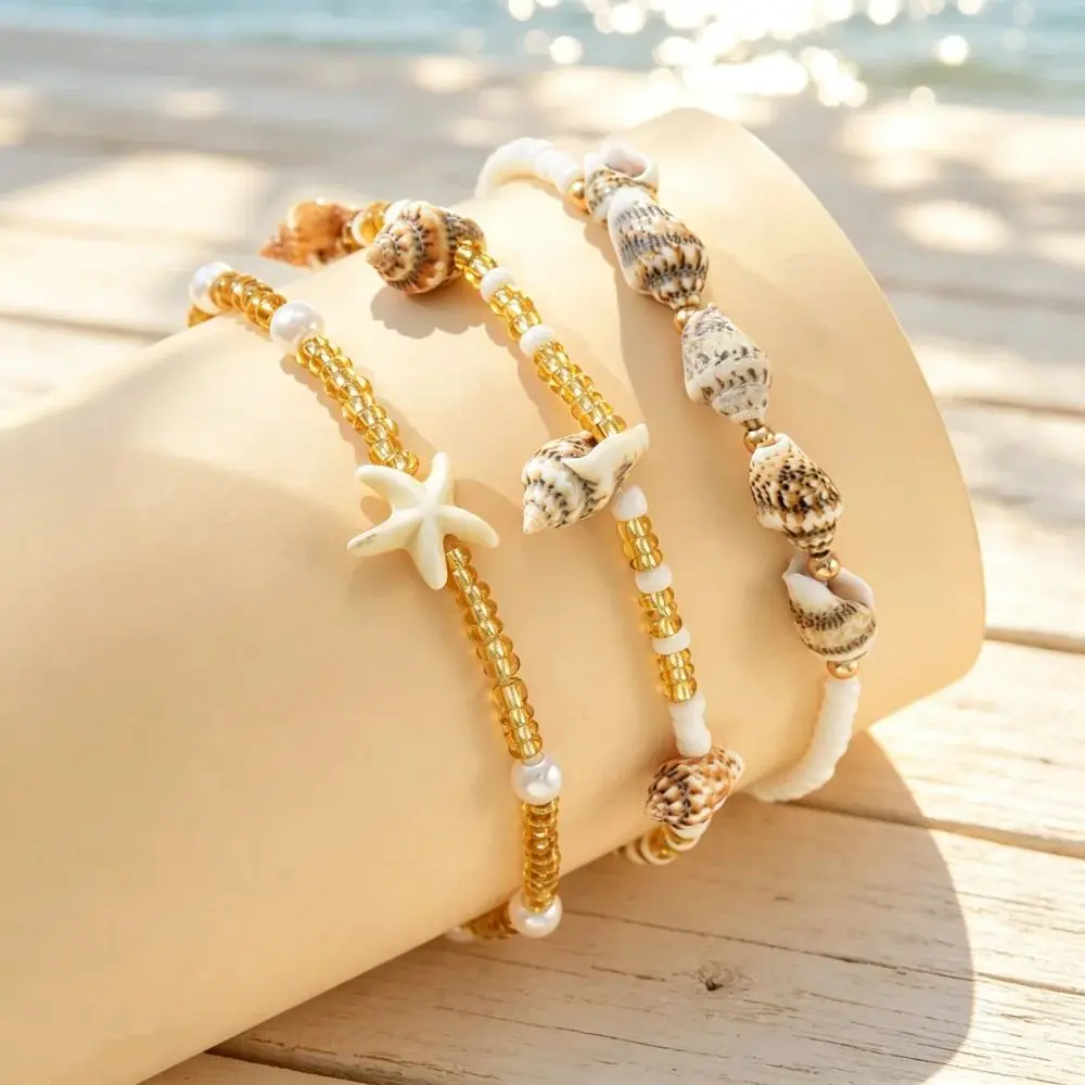 3 Pack Bohemian Layered Anklets for Women Starfish Shell Conch Pearl Bead Foot Chain Summer Beach Hawaiian Vacation Jewelry