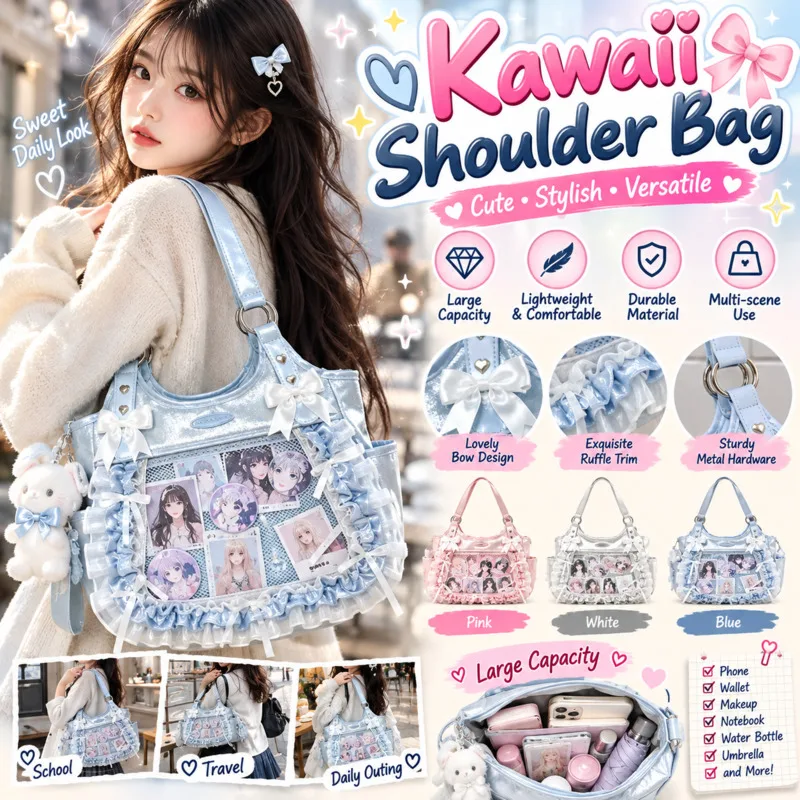 Bow Itabag Black Lolita Itabag Ruffles, Large Capacity Shoulder Tote Bag, Clear Display Anime, Badge Collection School Gift New