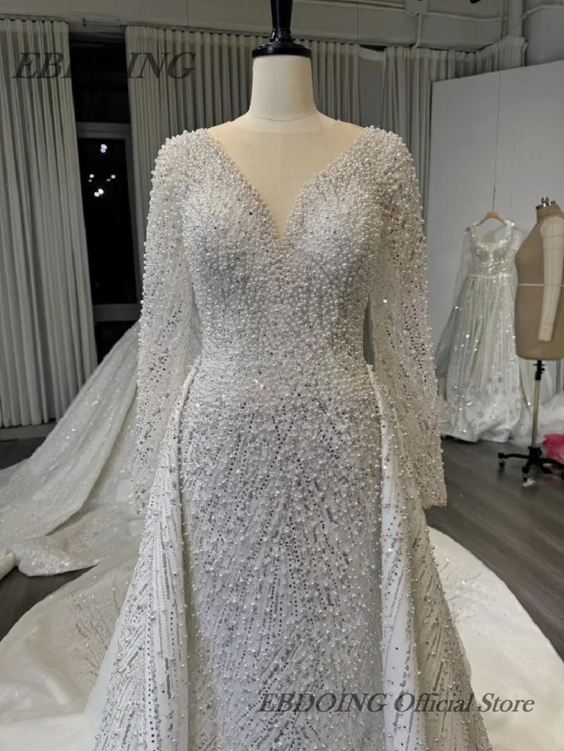 EBDOING Trouwjurk Zeemeermin 2-in-1 Doorzichtige Halslijn Volledige Mouwen Key-Hole Terug Met Kralen Aangepaste Bruidsjurken