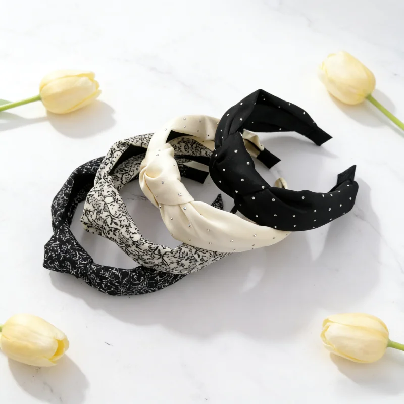 

Retro Women Elegant Black White Headband Hairband Rhinestone Embellished Knotted Satin Hair Hoop Hair Accessories for Daily Wear
