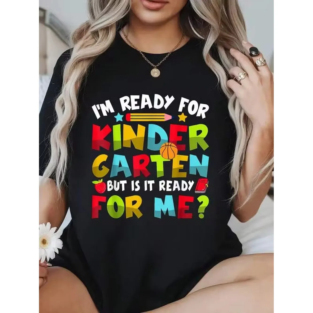100% Cotton Summer Outfits For Women I'm Ready For Kindergarten But Is It Ready For Me School T-Shirt Womens Soft Short Sleeve Top, Stylish Comfy Tee For Women Graphic Tees