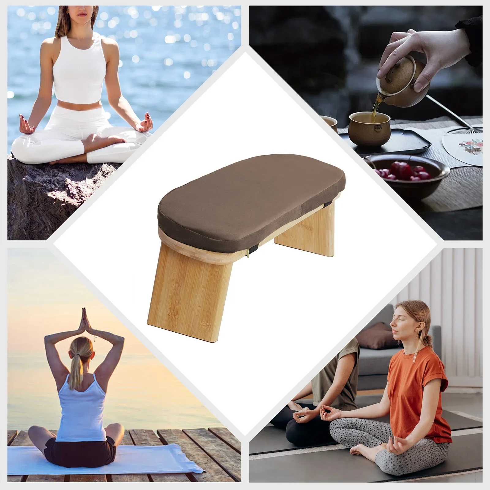 Meditation Prayer Bench, Portable Foldable & 5° Ergonomic Tilt Kneeling Meditation Yoga Stool with Cushion & Carry Bag for Home/Studio/Gym, Bamboo & Velvet Kneeling Stools (Coffee)