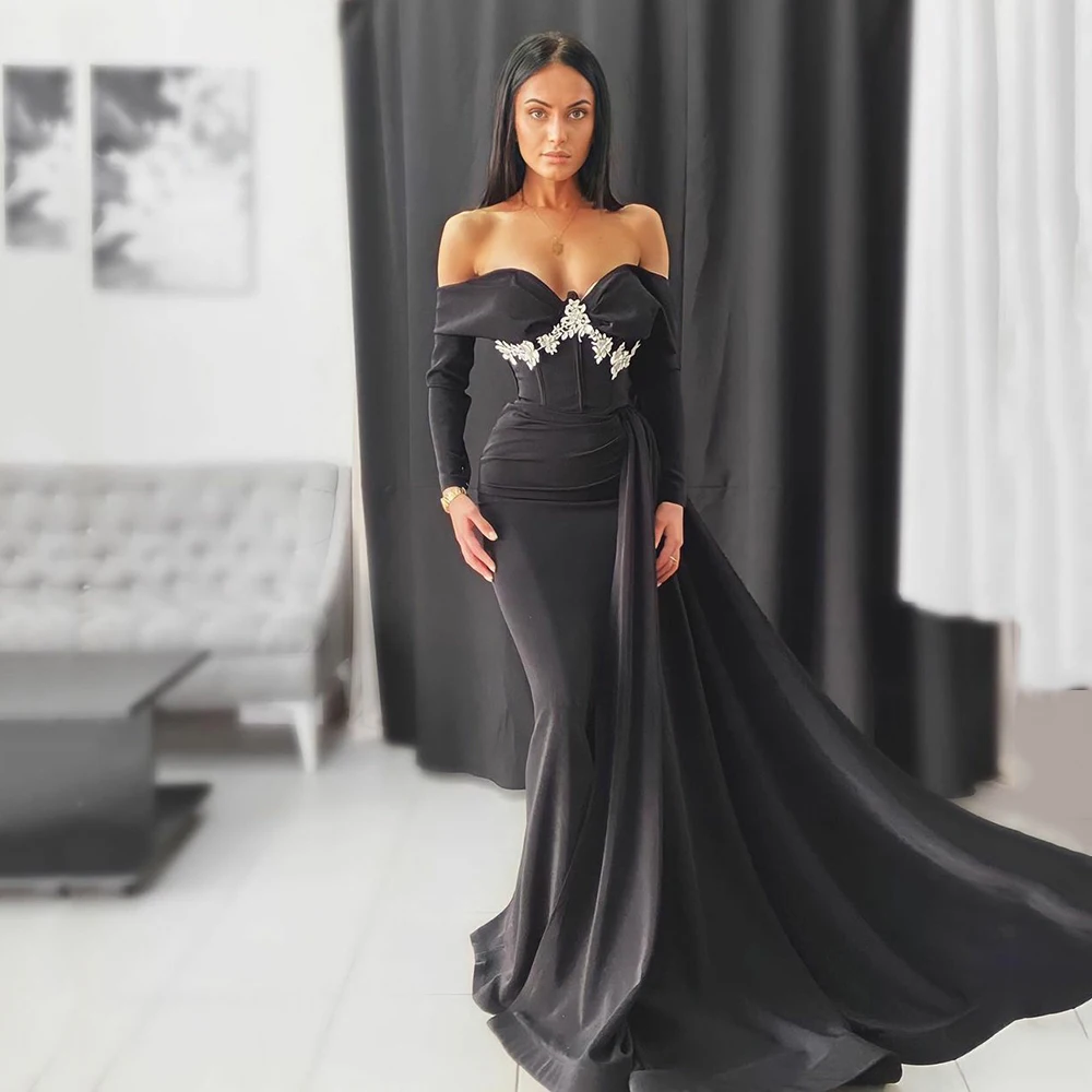 

Yipeisha Off-shoulder Mermaid Evening Gown with Drape Side Split Prom Dress Sleeves Black Party Customized