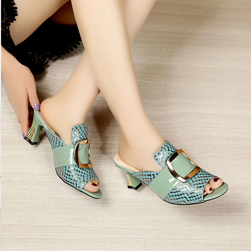 Summer New Water Diamond One Line Drag Square Head Open Toe High Heel Thick Heel Fish Mouth Women\'S Slippers