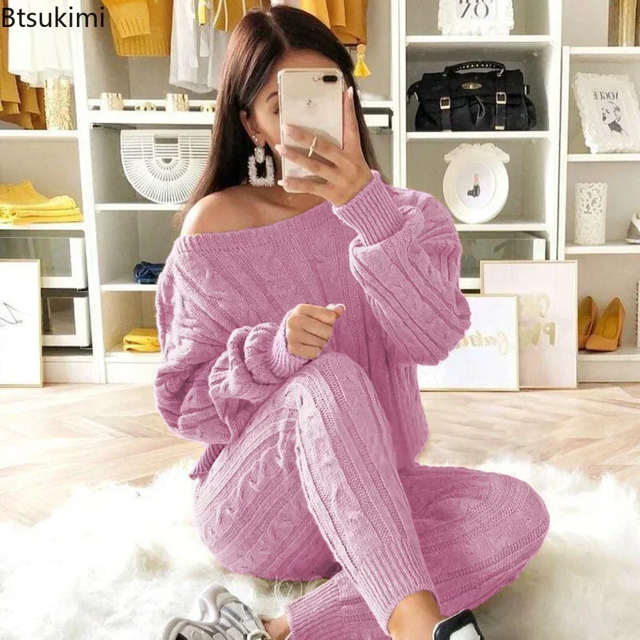 Plus Size 4XL 5XL Womens Outfits Autumn Winter Tracksuit Set Knitted Sweater and Pants Two Piece Set Women Sweater Pants Sets