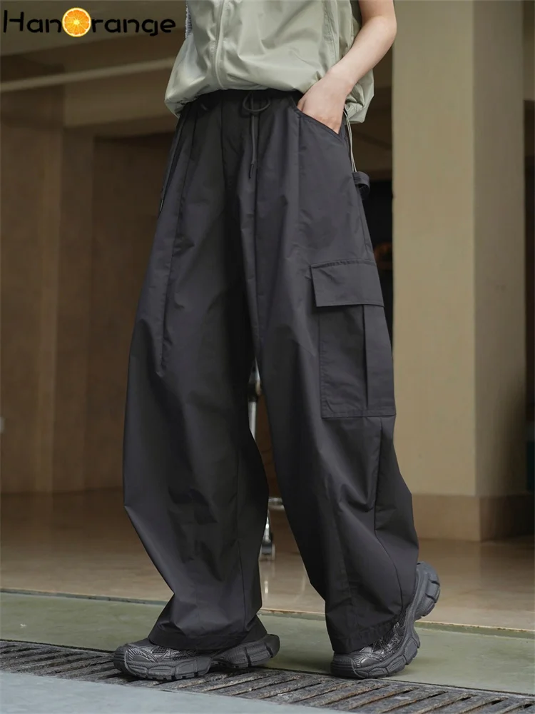 Multi Pockets Black Cargo Wide Leg Pants Women Elastic Drawstring Loose Baggy Trousers Hip Hop Street Outdoor Daily Jogger Pants
