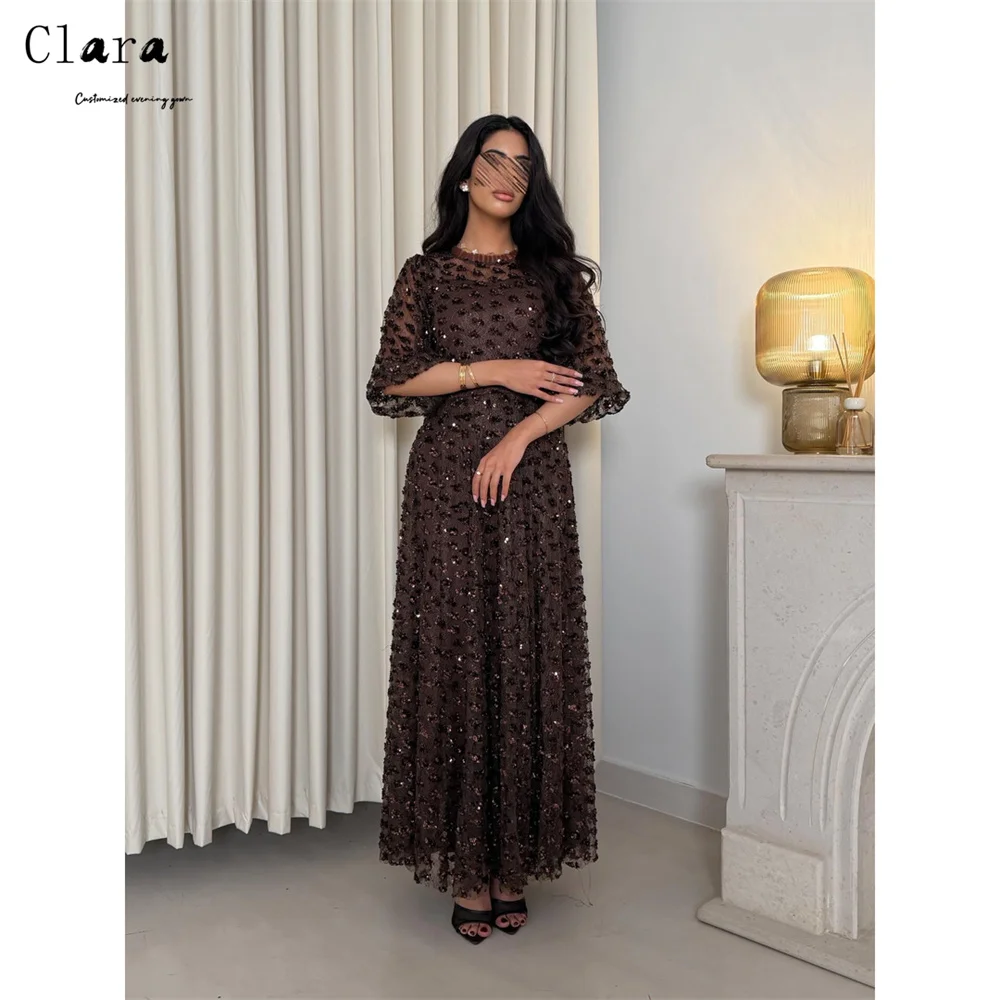 

Clara Custom Brown Embroidery Crew Neck A Line Ball Gowns Luxury Dresses for Luxury Party Evening Dresses Ladies Wedding Guest